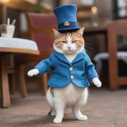 Picture the dreaming cat transitioning into an amusing scene of it walking on two legs, wearing a stylish tiny hat and carrying a mini coat, entering a fancy, bustling restaurant.