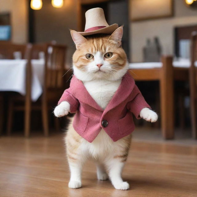 Picture the dreaming cat transitioning into an amusing scene of it walking on two legs, wearing a stylish tiny hat and carrying a mini coat, entering a fancy, bustling restaurant.