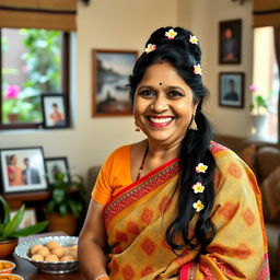 A lively and cheerful Indian aunty, dressed in a colorful saree with intricate patterns