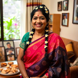 A lively and cheerful Indian aunty, dressed in a colorful saree with intricate patterns