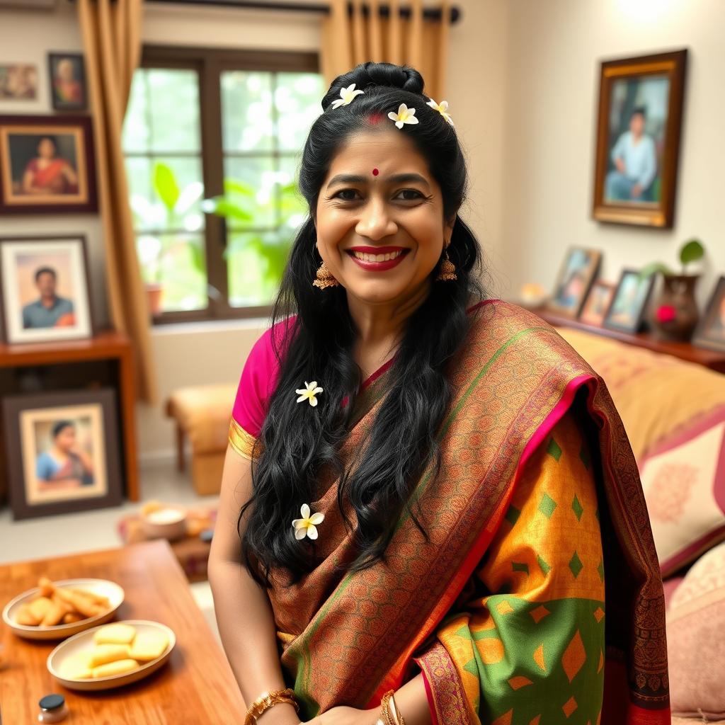 A lively and cheerful Indian aunty, dressed in a colorful saree with intricate patterns