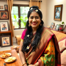 A lively and cheerful Indian aunty, dressed in a colorful saree with intricate patterns