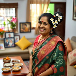 A lively and cheerful Indian aunty, dressed in a colorful saree with intricate patterns