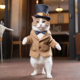 Picture the dreaming cat transitioning into an amusing scene of it walking on two legs, wearing a stylish tiny hat and carrying a mini coat, entering a fancy, bustling restaurant.