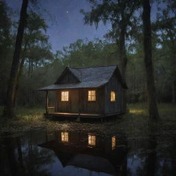 In the scene, illuminate the old shack nestled in the dark bayou with a multitude of fireflies. The house now appears more prominent, their glow casting an ethereal light on the structure amidst the swamp creatures.