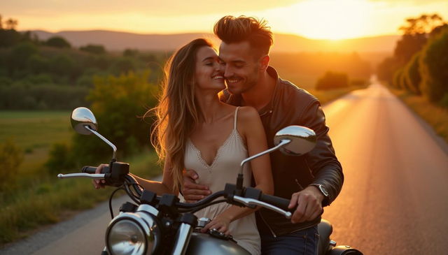 A handsome couple romantically embracing on a motorcycle, the sunset casting a warm glow around them