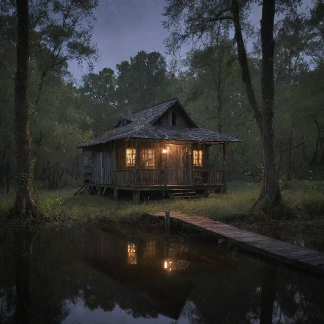 In the scene, illuminate the old shack nestled in the dark bayou with a multitude of fireflies. The house now appears more prominent, their glow casting an ethereal light on the structure amidst the swamp creatures.