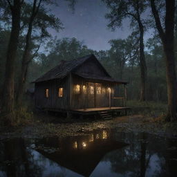 In the scene, illuminate the old shack nestled in the dark bayou with a multitude of fireflies. The house now appears more prominent, their glow casting an ethereal light on the structure amidst the swamp creatures.