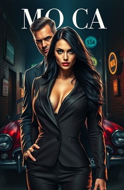 A striking cover featuring a beautiful woman with an air of confidence, exuding a fierce and commanding presence, standing tall in front of a brooding male character who embodies the essence of a mafia figure