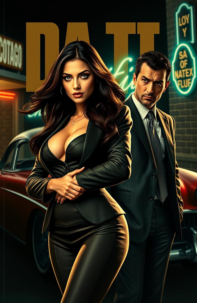 A striking cover featuring a beautiful woman with an air of confidence, exuding a fierce and commanding presence, standing tall in front of a brooding male character who embodies the essence of a mafia figure