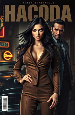 A striking cover featuring a beautiful woman with an air of confidence, exuding a fierce and commanding presence, standing tall in front of a brooding male character who embodies the essence of a mafia figure