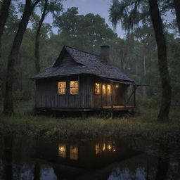 In the scene, illuminate the old shack nestled in the dark bayou with a multitude of fireflies. The house now appears more prominent, their glow casting an ethereal light on the structure amidst the swamp creatures.