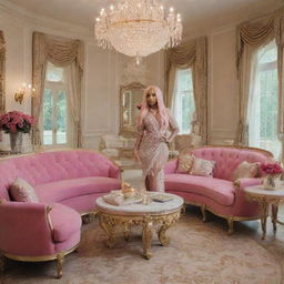 Depict a scene where Nicki Minaj is giving Donovan a tour of her glamorous home, highlighting the opulent interior design, elegant decorations and a warm inviting ambiance.