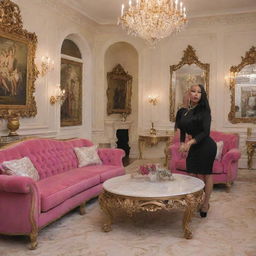 Depict a scene where Nicki Minaj is giving Donovan a tour of her glamorous home, highlighting the opulent interior design, elegant decorations and a warm inviting ambiance.