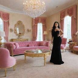 Depict a scene where Nicki Minaj is giving Donovan a tour of her glamorous home, highlighting the opulent interior design, elegant decorations and a warm inviting ambiance.