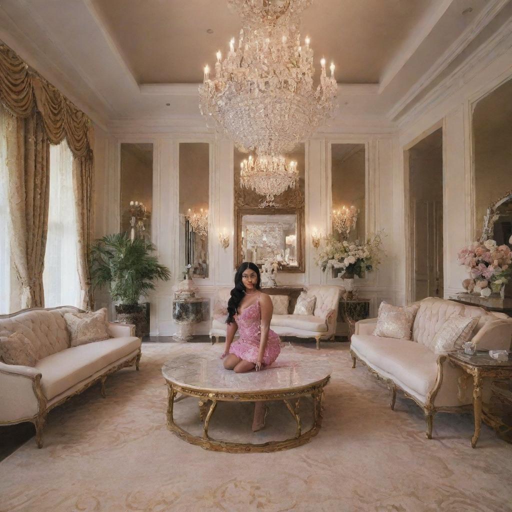 Depict a scene where Nicki Minaj is giving Donovan a tour of her glamorous home, highlighting the opulent interior design, elegant decorations and a warm inviting ambiance.