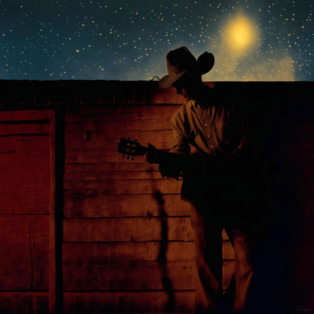 Vintage country music album cover featuring the shadow of a man playing guitar against a weathered barn wall under twilight sky.