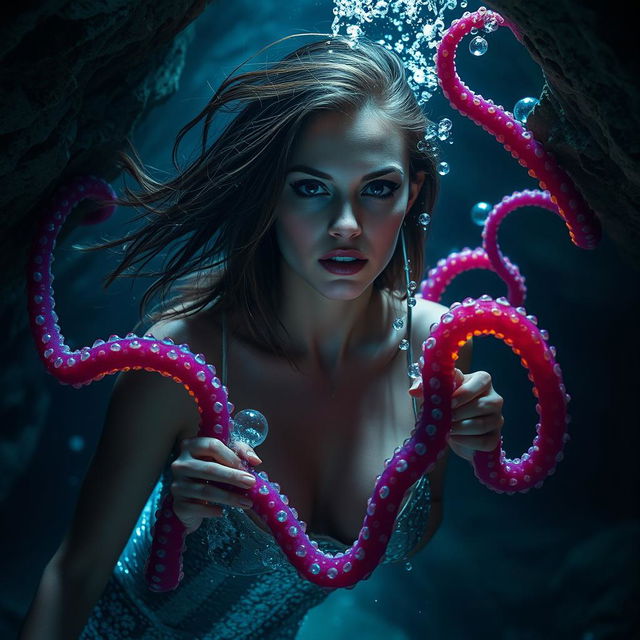 An attractive woman with flowing hair, looking both fierce and sensual, is being captured by colorful, mystical tentacles that emerge from the shadows of an underwater cave