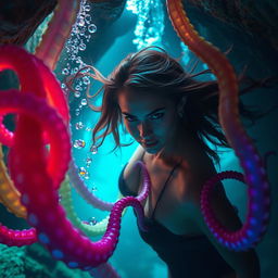 An attractive woman with flowing hair, looking both fierce and sensual, is being captured by colorful, mystical tentacles that emerge from the shadows of an underwater cave