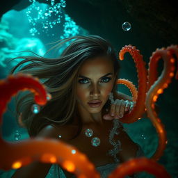 An attractive woman with flowing hair, looking both fierce and sensual, is being captured by colorful, mystical tentacles that emerge from the shadows of an underwater cave