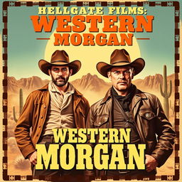 A vintage 1960s movie poster for 'Western Morgan' by HELLGATE FILMS, featuring two rugged cowboys, Drake Travis and Henry Paul, dressed in classic Western attire with wide-brimmed hats and leather jackets