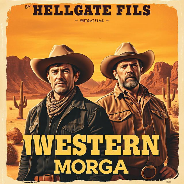 A vintage 1960s movie poster for 'Western Morgan' by HELLGATE FILMS, featuring two rugged cowboys, Drake Travis and Henry Paul, dressed in classic Western attire with wide-brimmed hats and leather jackets