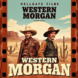 A vintage 1960s movie poster for 'Western Morgan' by HELLGATE FILMS, featuring two rugged cowboys, Drake Travis and Henry Paul, dressed in classic Western attire with wide-brimmed hats and leather jackets