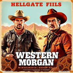 A vintage 1960s movie poster for 'Western Morgan' by HELLGATE FILMS, featuring two rugged cowboys, Drake Travis and Henry Paul, dressed in classic Western attire with wide-brimmed hats and leather jackets