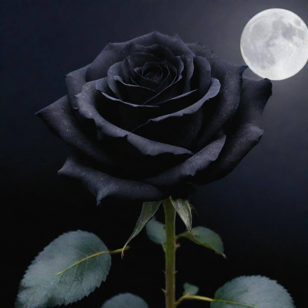 An elegant, full bloom black rose with a velvety texture, shrouded under a gentle moonlight.