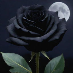 An elegant, full bloom black rose with a velvety texture, shrouded under a gentle moonlight.