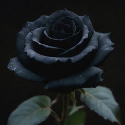 An elegant, full bloom black rose with a velvety texture, shrouded under a gentle moonlight.