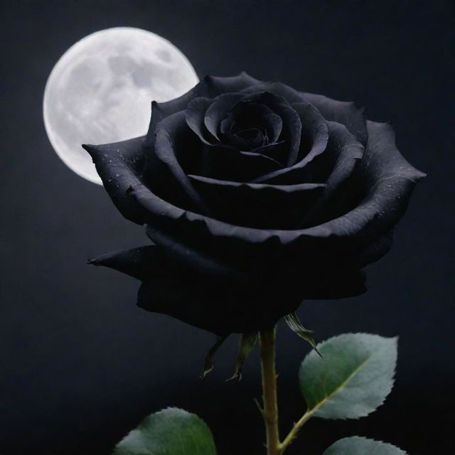 An elegant, full bloom black rose with a velvety texture, shrouded under a gentle moonlight.