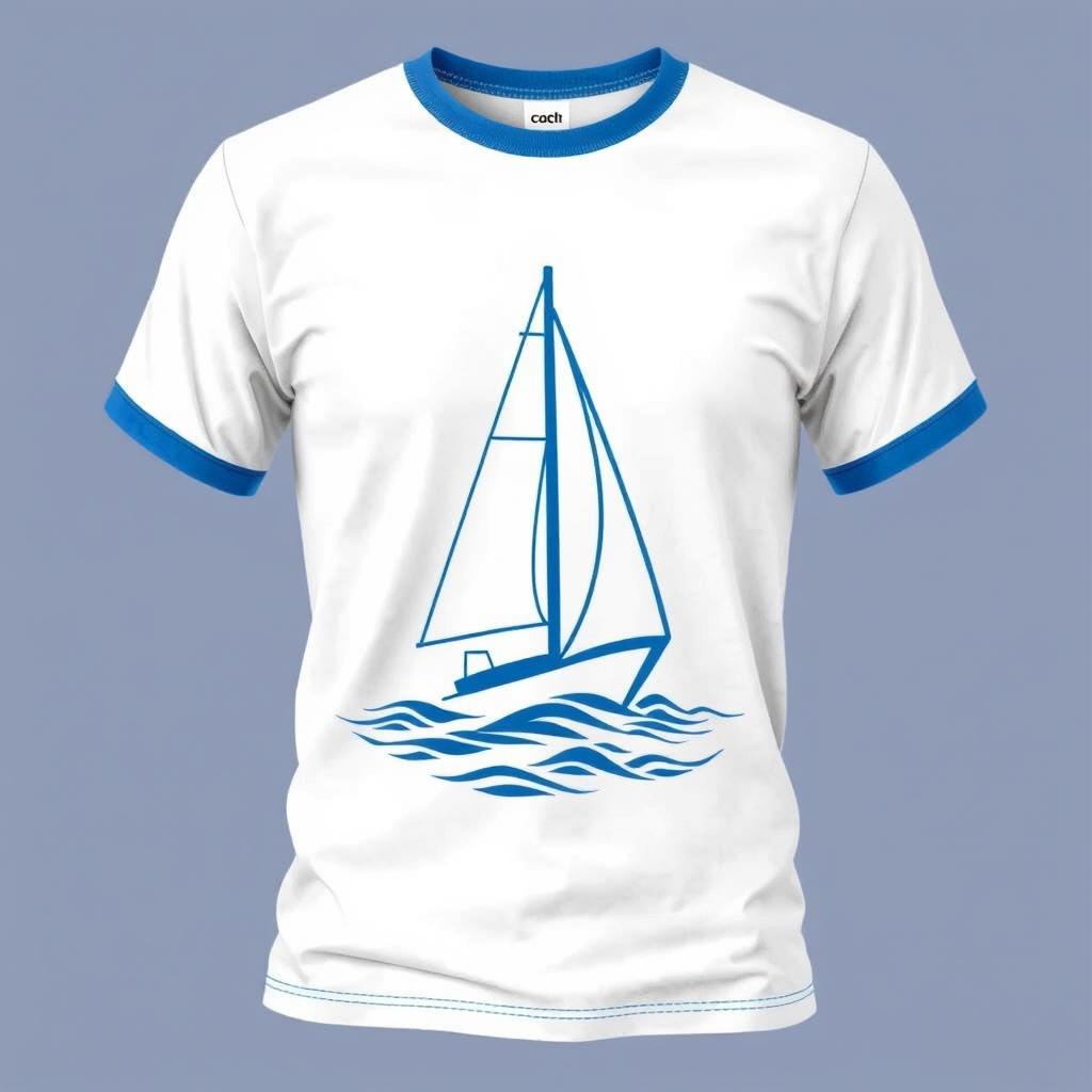 A yacht-themed t-shirt designed with a white base featuring blue accents