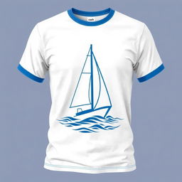 A yacht-themed t-shirt designed with a white base featuring blue accents