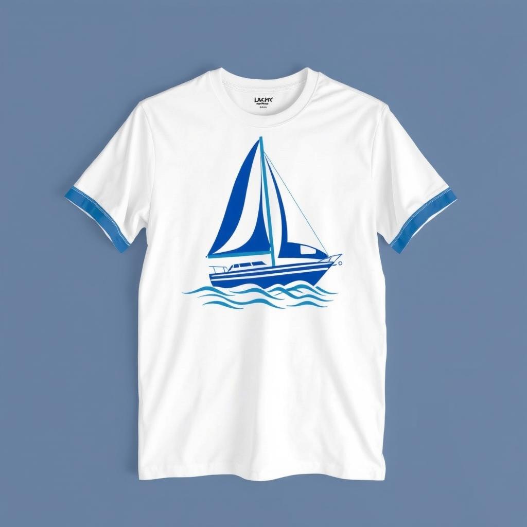 A yacht-themed t-shirt designed with a white base featuring blue accents