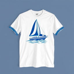 A yacht-themed t-shirt designed with a white base featuring blue accents