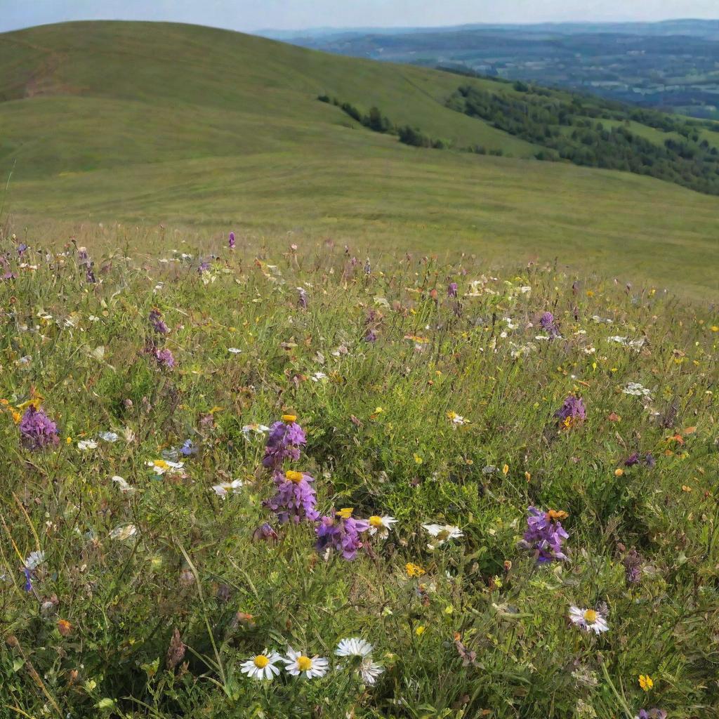 A picturesque landscape of a sunny day in a blooming spring meadow, filled with colorful wildflowers and bumblebees against a backdrop of rolling hills.