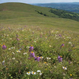 A picturesque landscape of a sunny day in a blooming spring meadow, filled with colorful wildflowers and bumblebees against a backdrop of rolling hills.