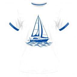 A yacht-themed t-shirt designed with a white base featuring blue accents