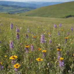 A picturesque landscape of a sunny day in a blooming spring meadow, filled with colorful wildflowers and bumblebees against a backdrop of rolling hills.