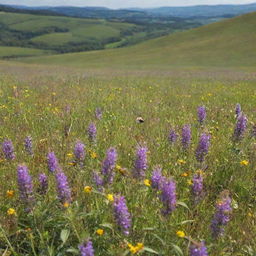 A picturesque landscape of a sunny day in a blooming spring meadow, filled with colorful wildflowers and bumblebees against a backdrop of rolling hills.