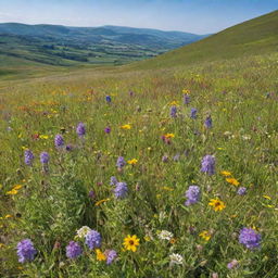 A picturesque landscape of a sunny day in a blooming spring meadow, filled with colorful wildflowers and bumblebees against a backdrop of rolling hills.