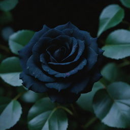 A lustrous black rose with velvety petals against a background of dark green leaves, glistening under the moonlight.