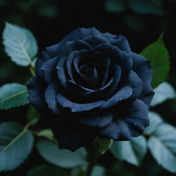 A lustrous black rose with velvety petals against a background of dark green leaves, glistening under the moonlight.