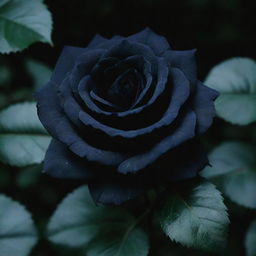 A lustrous black rose with velvety petals against a background of dark green leaves, glistening under the moonlight.