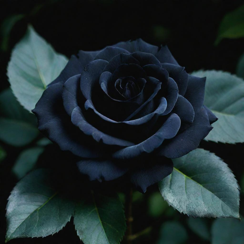 A lustrous black rose with velvety petals against a background of dark green leaves, glistening under the moonlight.