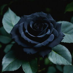 A lustrous black rose with velvety petals against a background of dark green leaves, glistening under the moonlight.