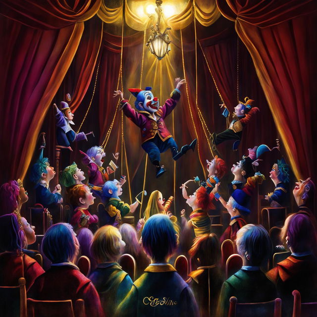 Digital painting of an ornate puppet theatre showcasing a vibrant puppet show for an album cover. The puppets are detailed and expressive, performing under warm stage lights. The audience is a sea of silhouettes in a richly decorated theatre. Album title and band name are displayed in bold, gold letters.