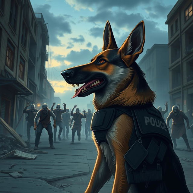 A cinematic illustration of a heroic police dog, a strong and agile German Shepherd, standing bravely in a desolate urban landscape