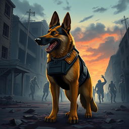 A cinematic illustration of a heroic police dog, a strong and agile German Shepherd, standing bravely in a desolate urban landscape